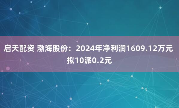 启天配资 渤海股份：2024年净利润1609.12万元 拟10派0.2元